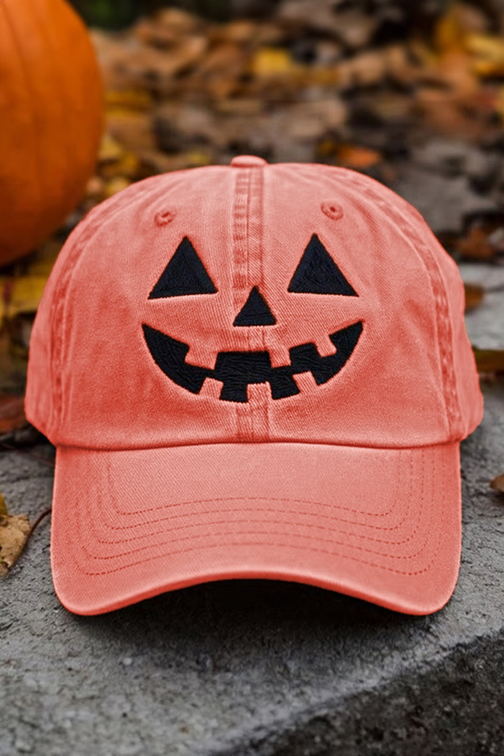 Black Cotton Jack O Lantern Pumpkin Embroidered Baseball Cap