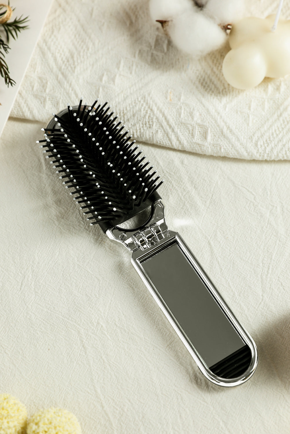 Black Portable Folding Travel Hair Brush with Mini Mirror