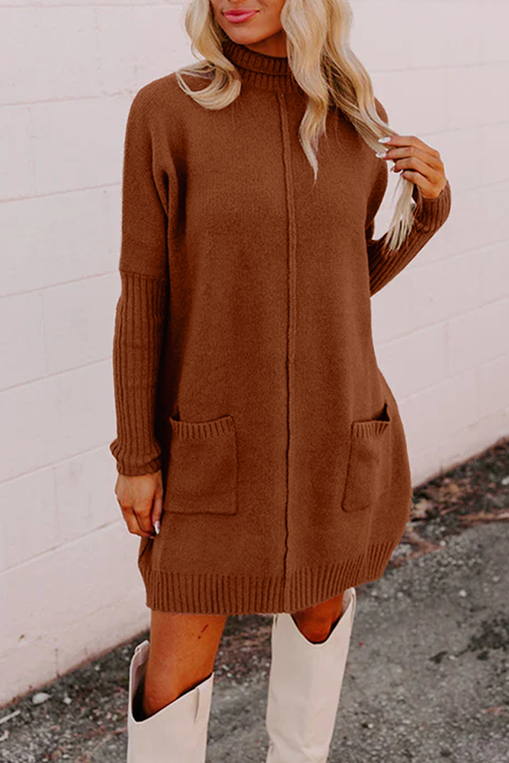 Chestnut Ribbed High Neck Front Pockets Center Seam Shift Sweater Dress