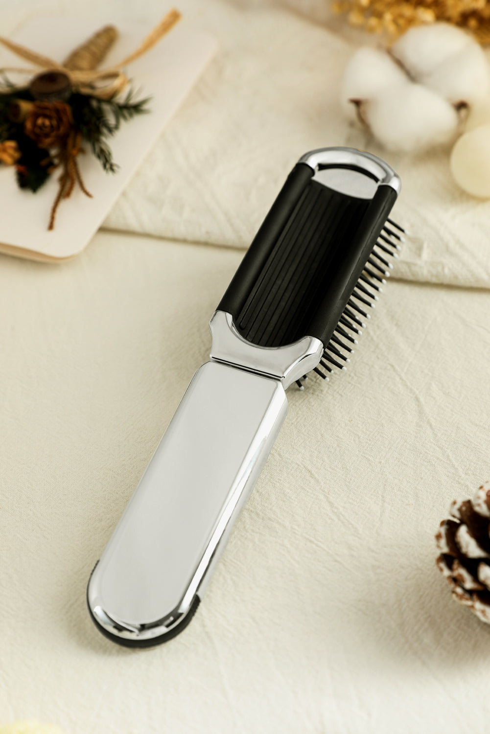 Black Portable Folding Travel Hair Brush with Mini Mirror