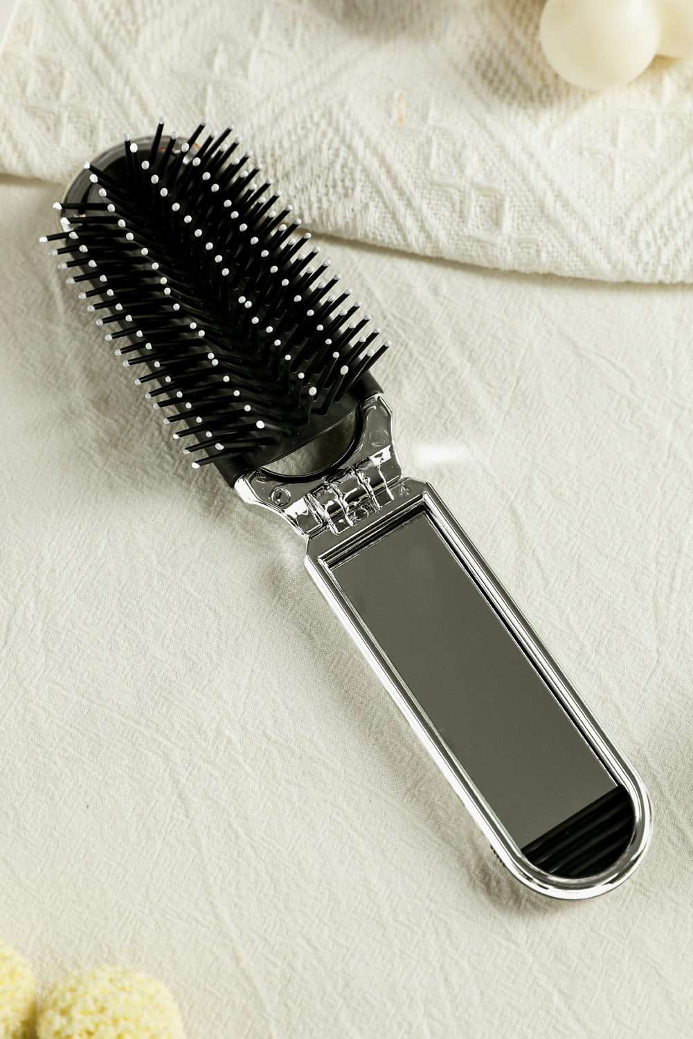Black Portable Folding Travel Hair Brush with Mini Mirror