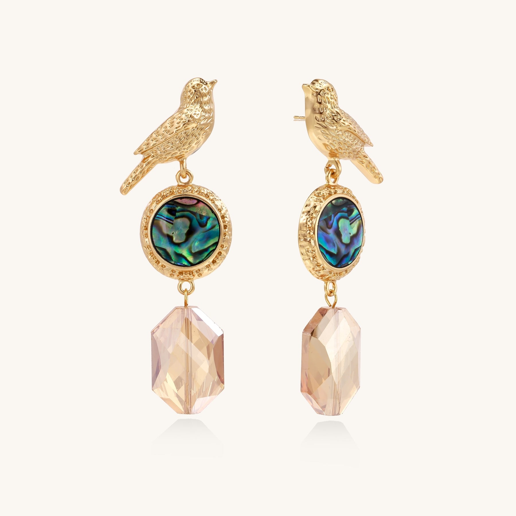 Gold-plated bird dangle earrings with iridescent abalone shell discs and champagne crystal drops on white background.