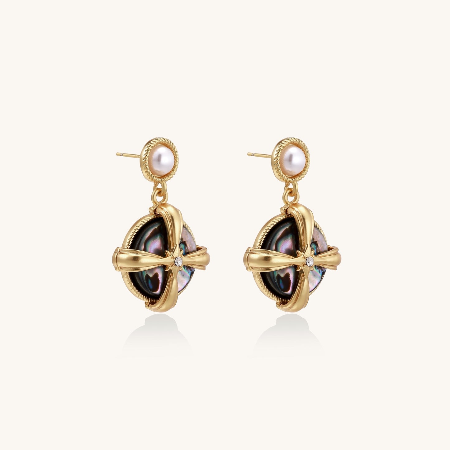 Gold-plated drop earrings with cross design framing iridescent abalone shell and pearl studs on neutral background.