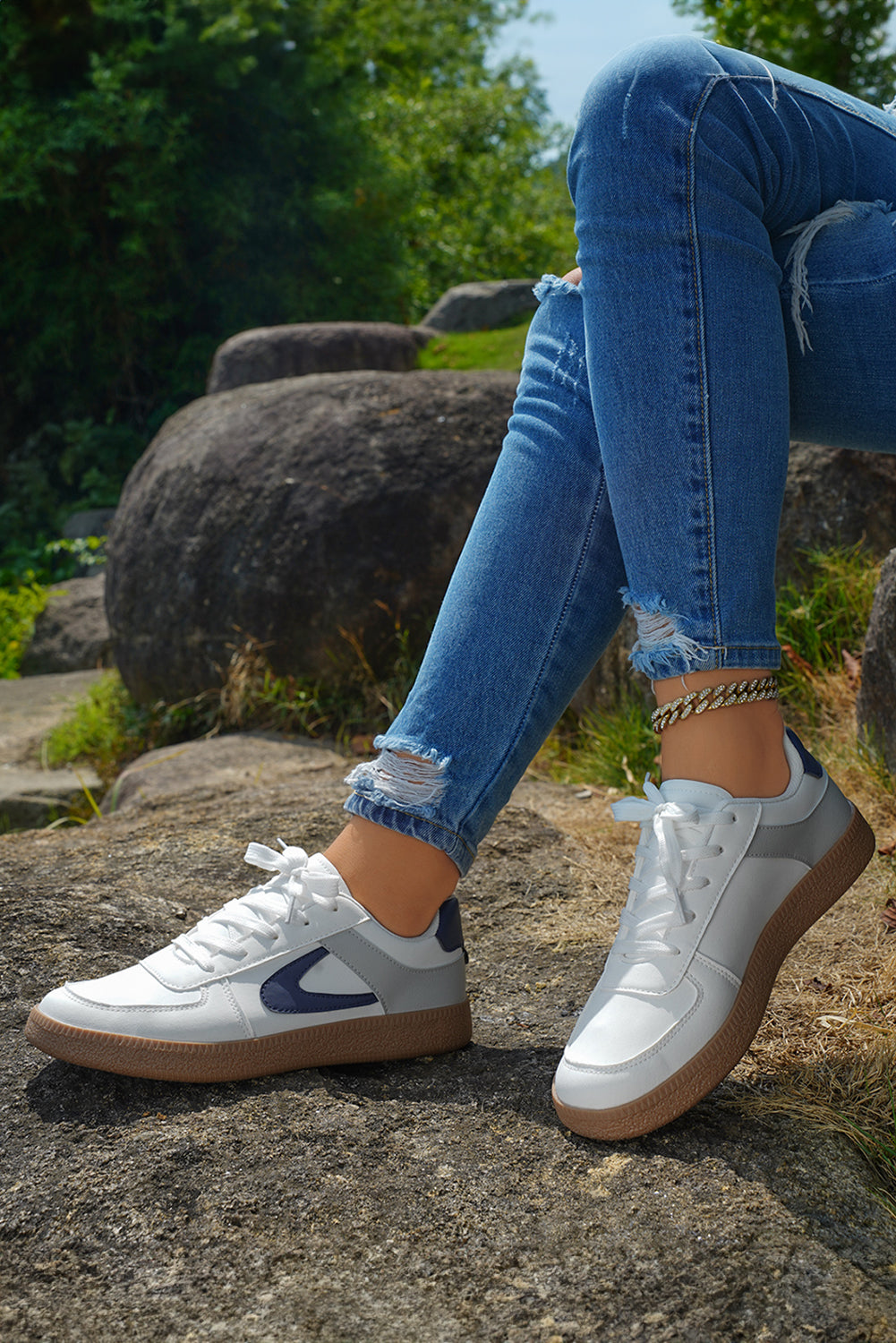 Navy Blue PU Leather Lace Up Sneakers