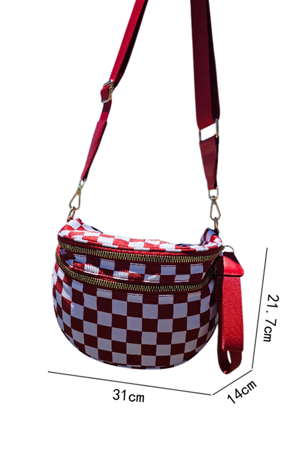 Fiery Red Checkered Print Wide Strap Large Crossbody Bag
