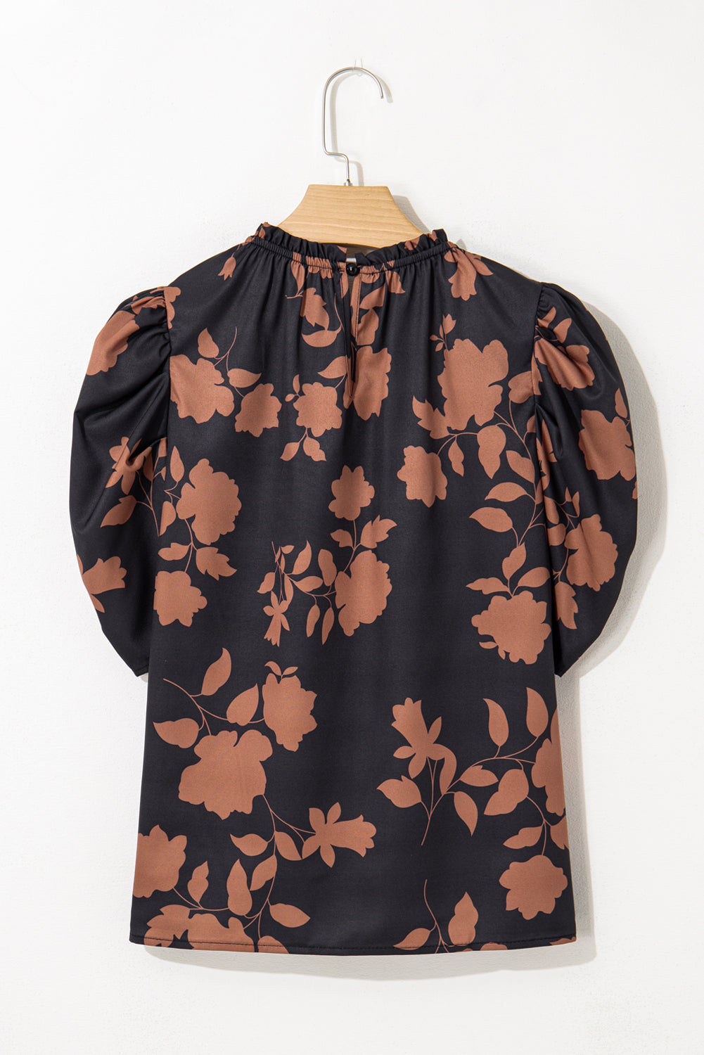 Chestnut Floral Print Frill Neck Bubble Sleeve Blouse