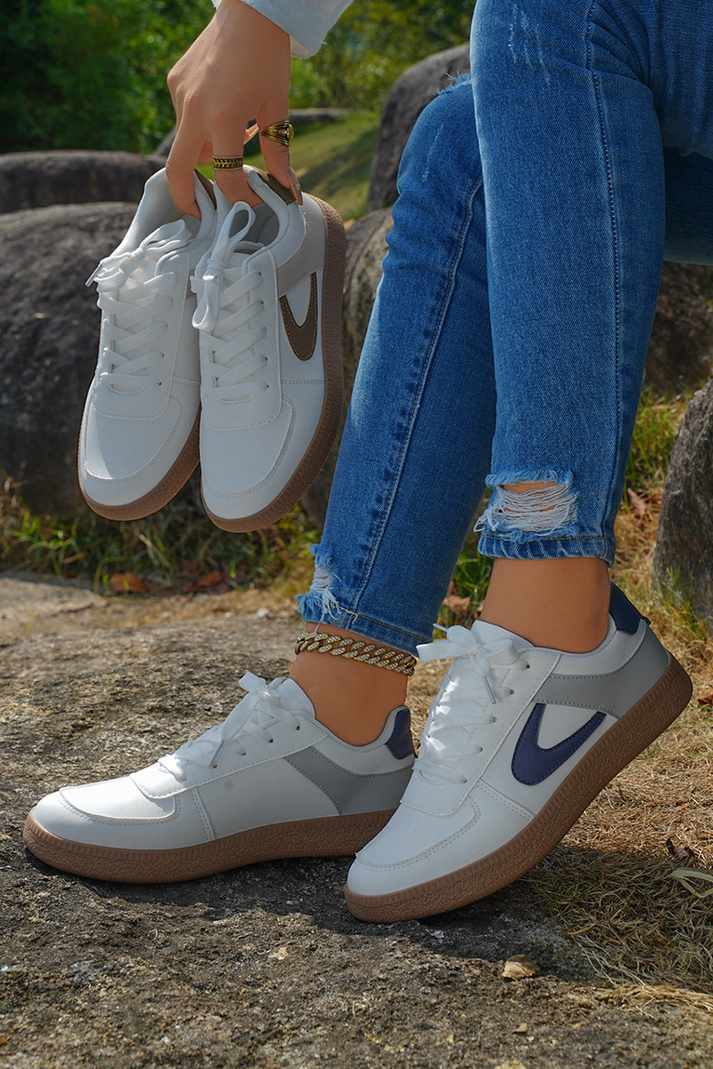 Navy Blue PU Leather Lace Up Sneakers