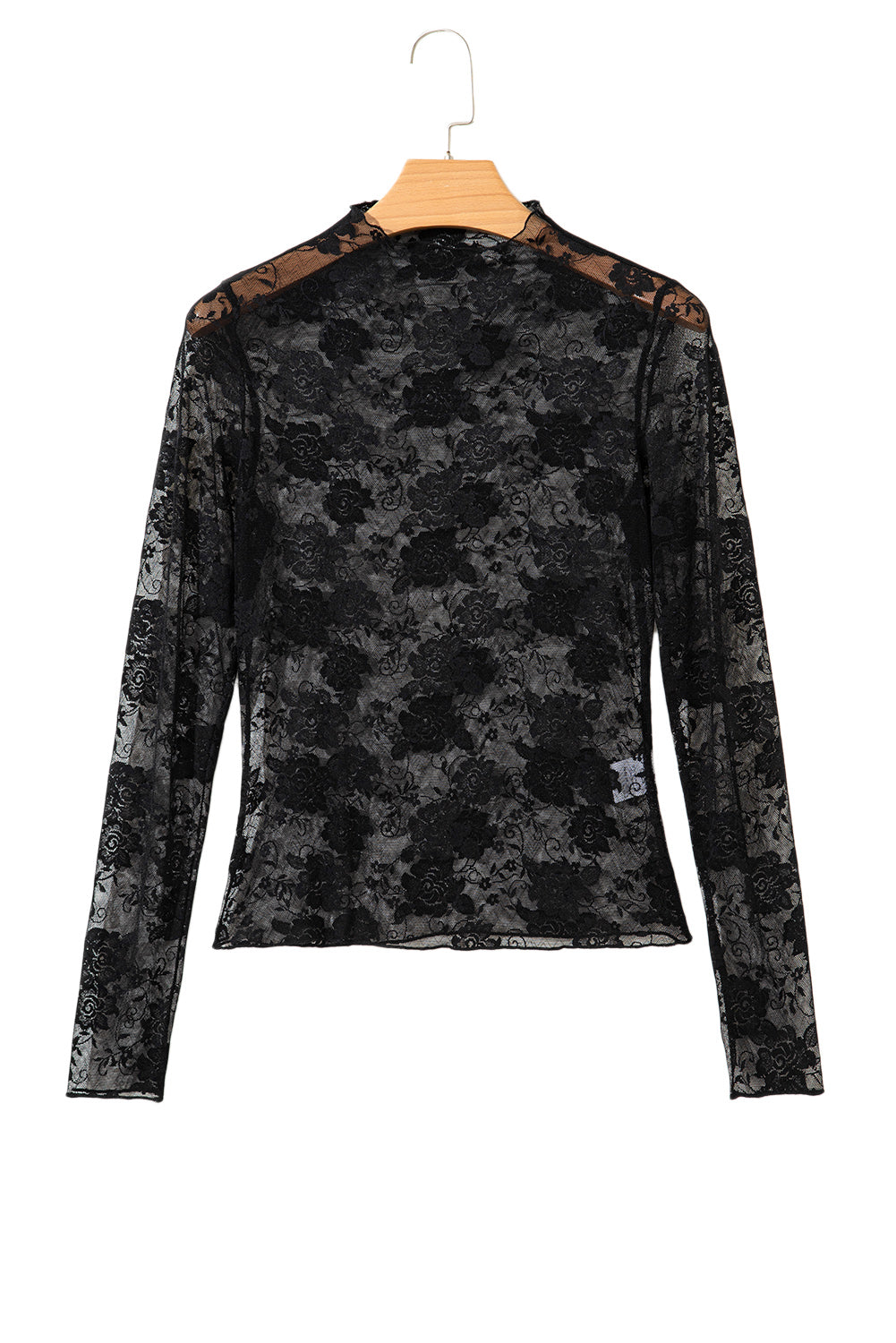 Black Mock Neck Floral Lace Mesh Long Sleeve Top