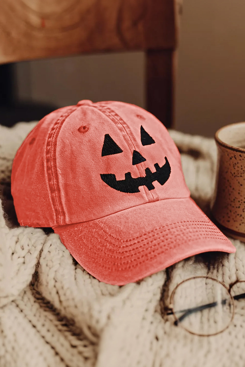 Black Cotton Jack O Lantern Pumpkin Embroidered Baseball Cap