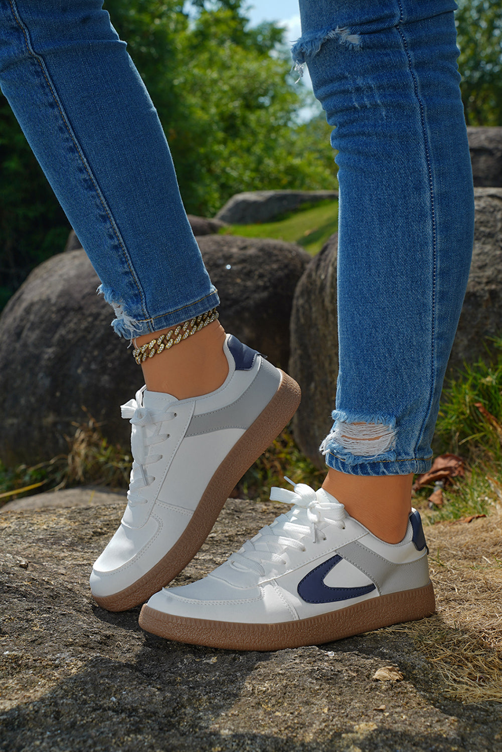 Navy Blue PU Leather Lace Up Sneakers