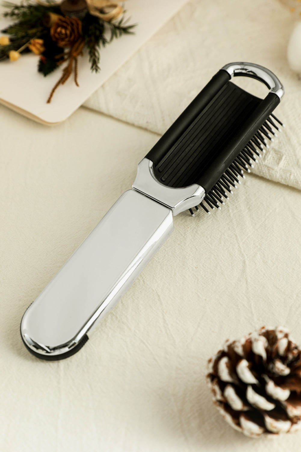 Black Portable Folding Travel Hair Brush with Mini Mirror