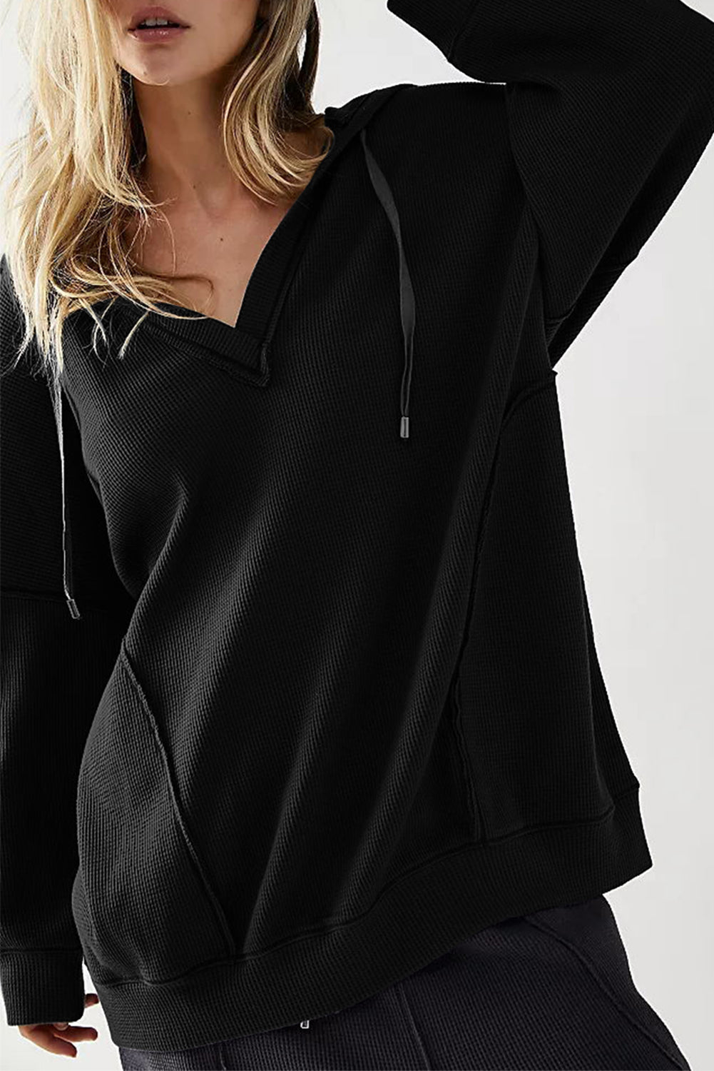 Black Oversize Waffle Drop Shoulder Exposed Seam V Neck Hoodie