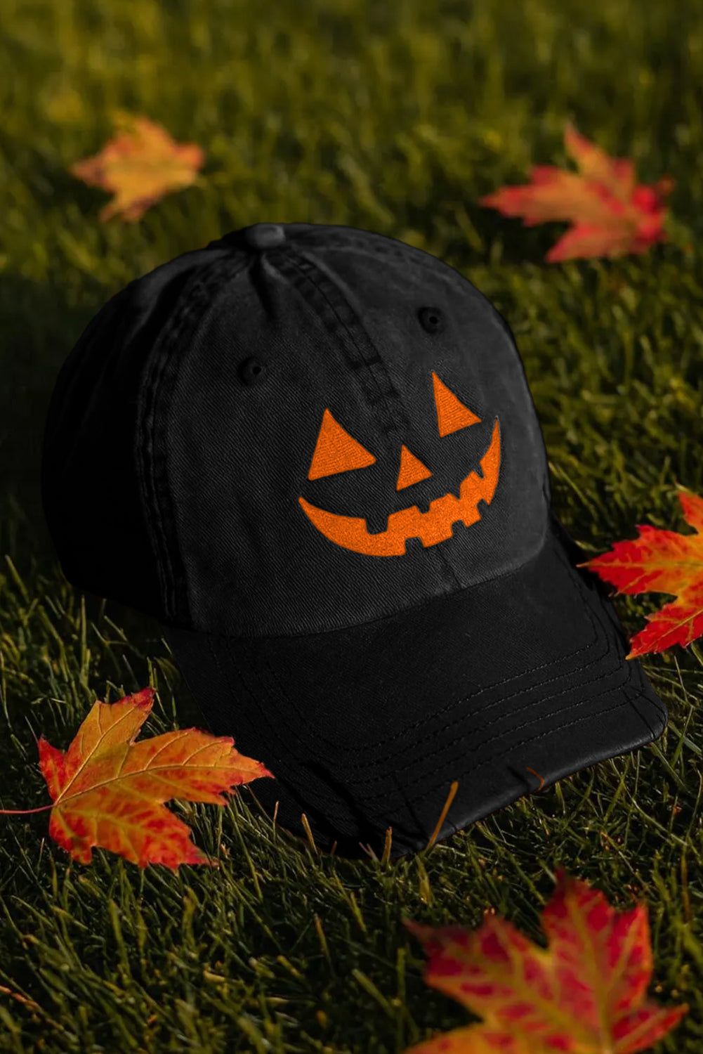 Black Cotton Jack O Lantern Pumpkin Embroidered Baseball Cap