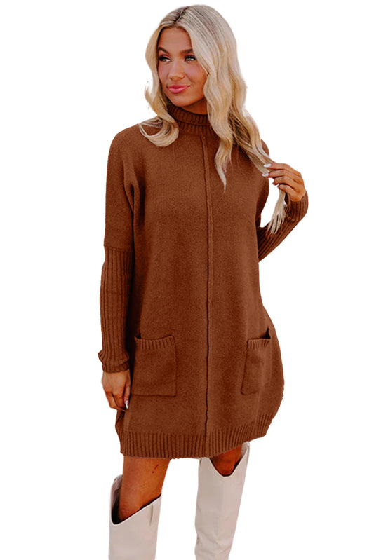 Chestnut Ribbed High Neck Front Pockets Center Seam Shift Sweater Dress