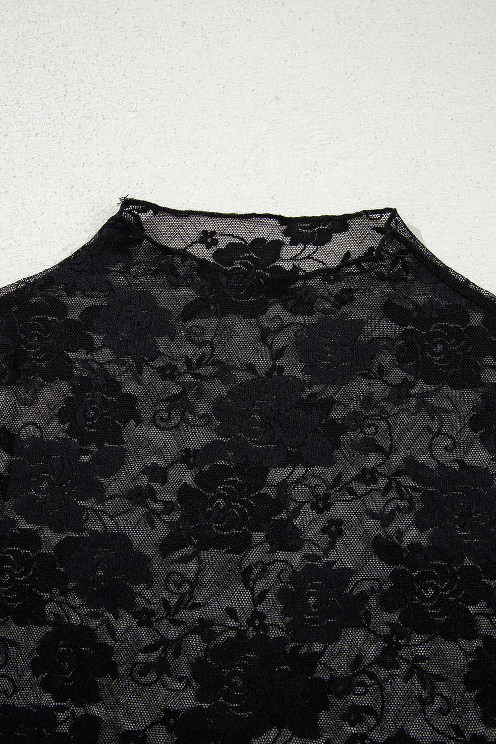 Black Mock Neck Floral Lace Mesh Long Sleeve Top