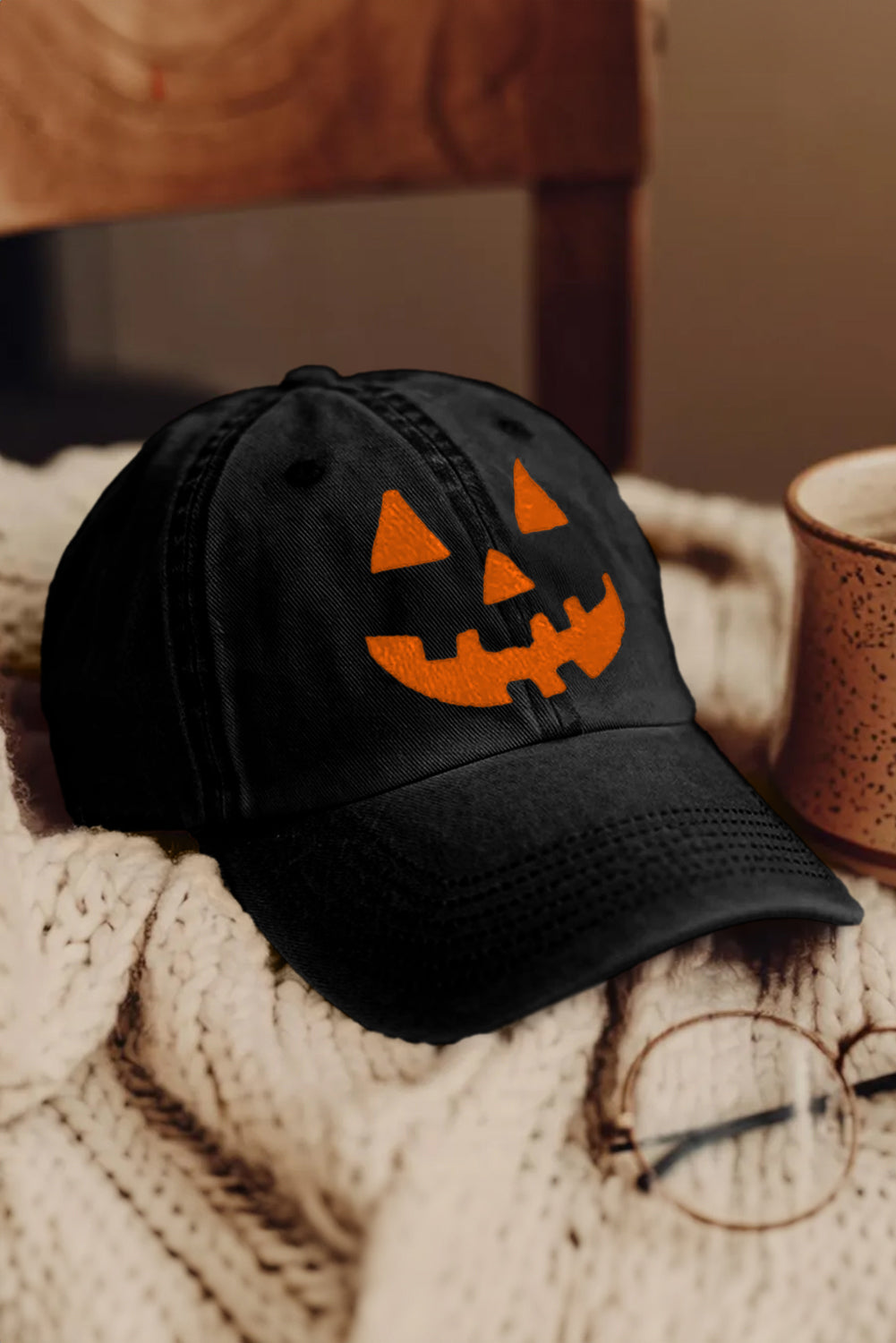 Black Cotton Jack O Lantern Pumpkin Embroidered Baseball Cap