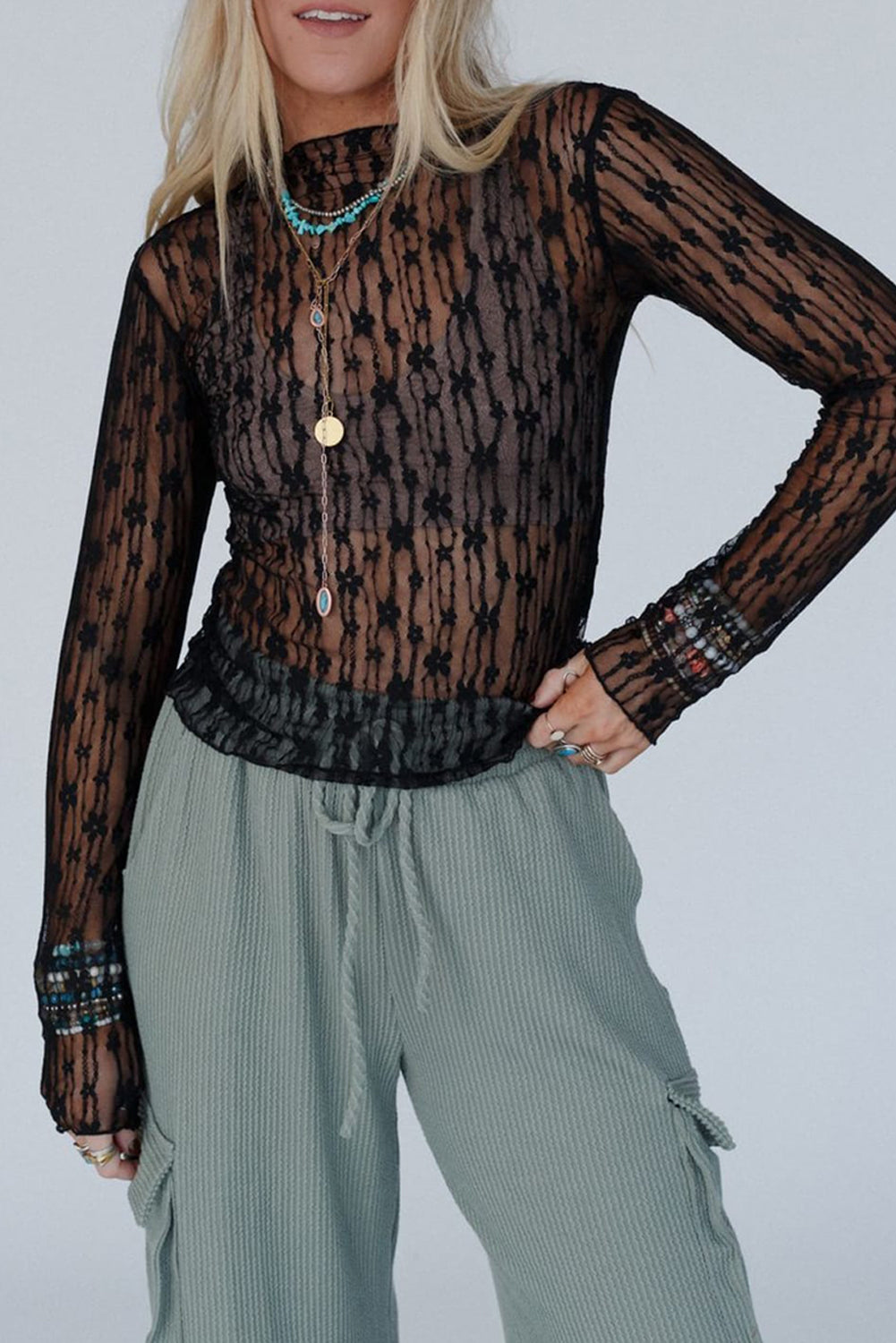 Black Sheer Floral Lace Long Sleeve Slim Fit Top