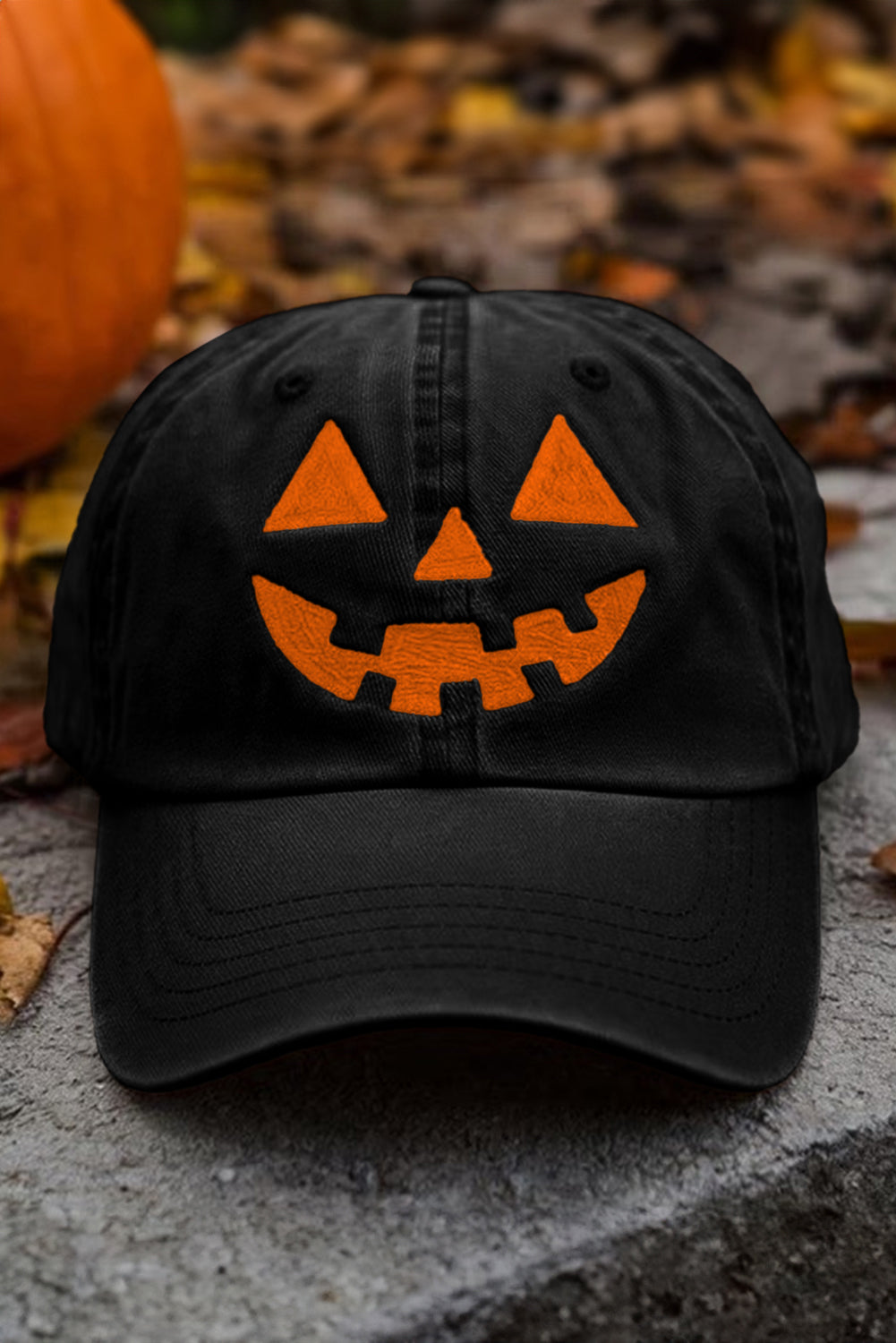 Black Cotton Jack O Lantern Pumpkin Embroidered Baseball Cap