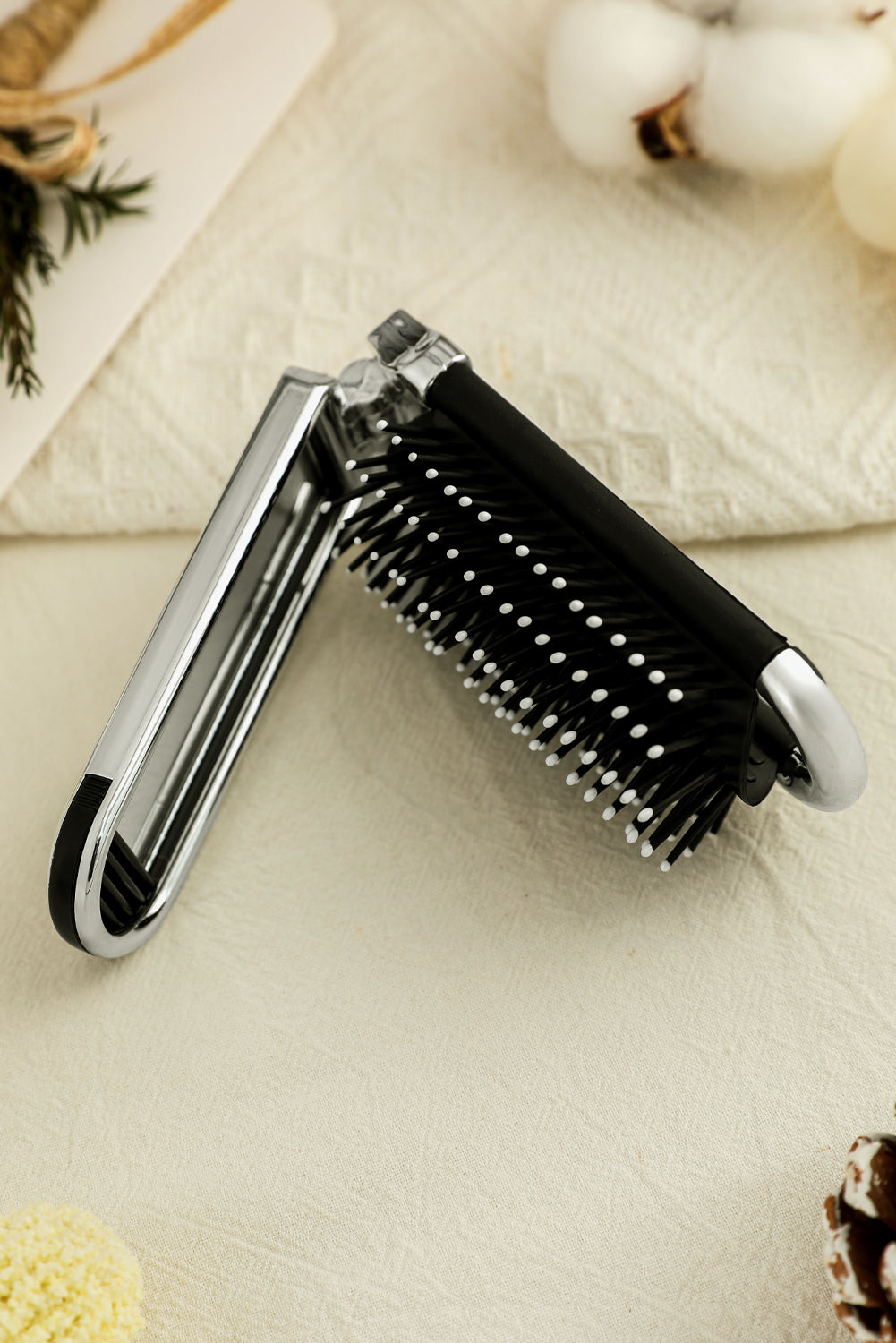 Black Portable Folding Travel Hair Brush with Mini Mirror