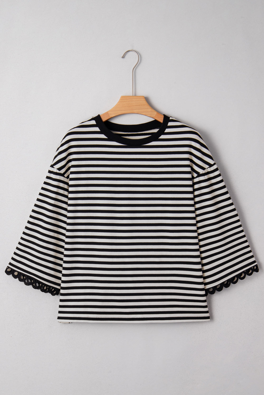 Black Striped Round Neck Contrast Trim Bell Sleeve Top