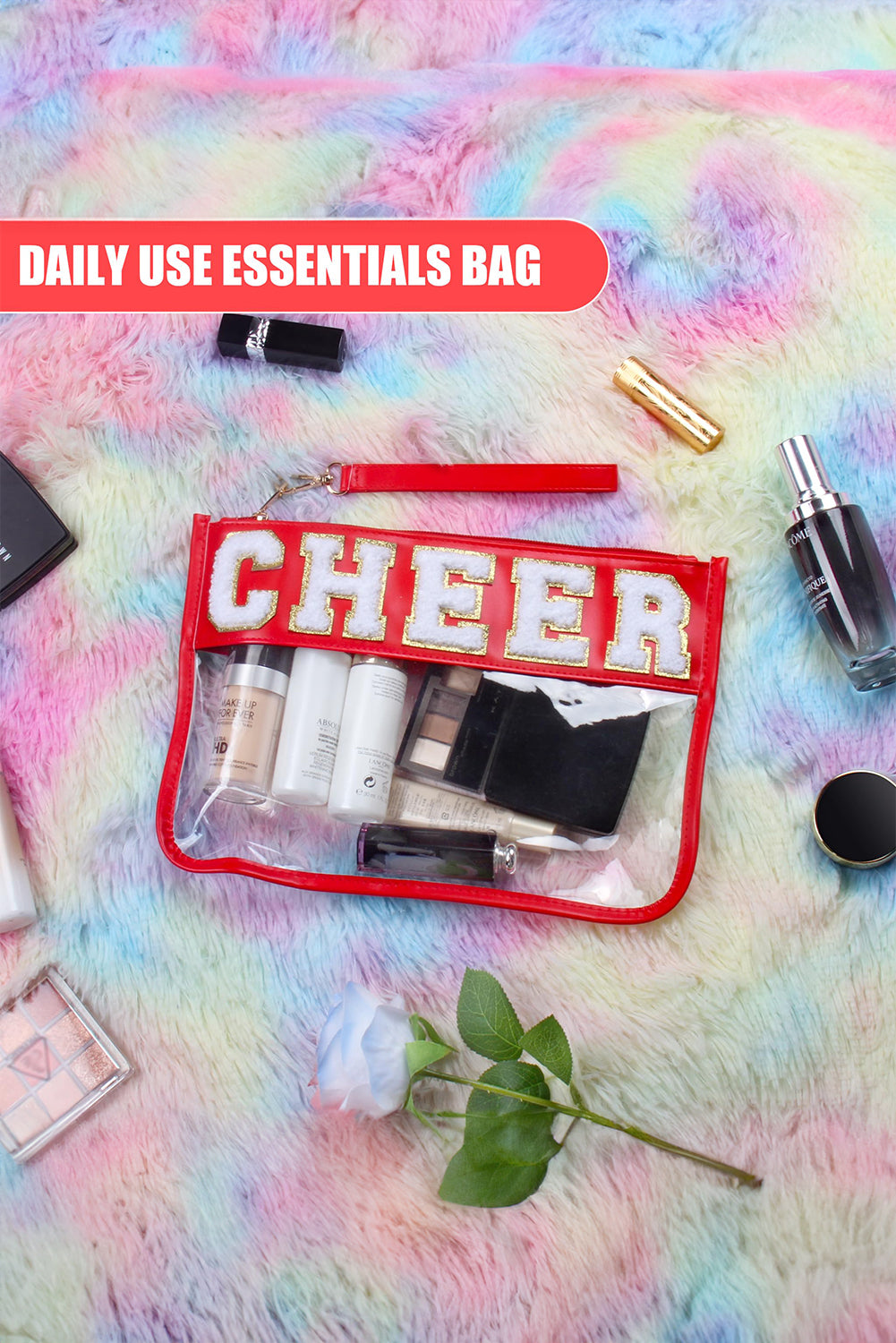 Black Dance Chenille Letter Zipper Varsity Clear Makeup Bag