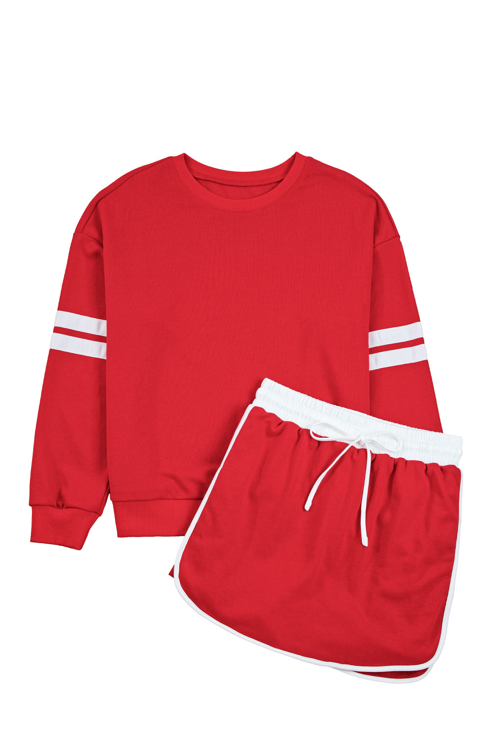 Fiery Red Varsity Stripe Detail Drop Shoulder Pullover Mini Skort Set