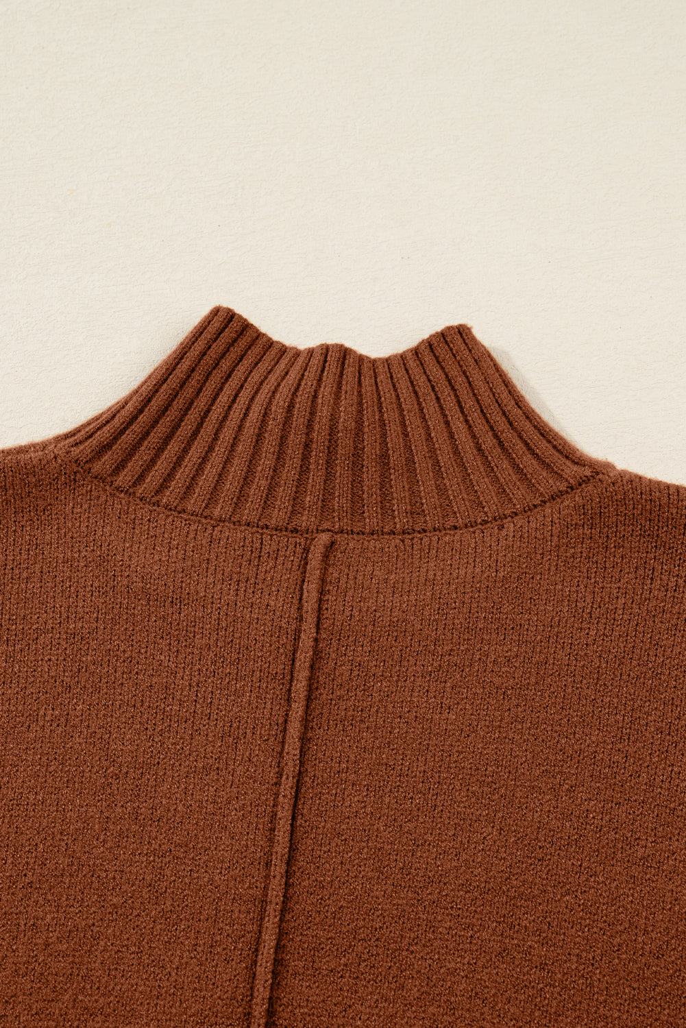 Chestnut Ribbed High Neck Front Pockets Center Seam Shift Sweater Dress