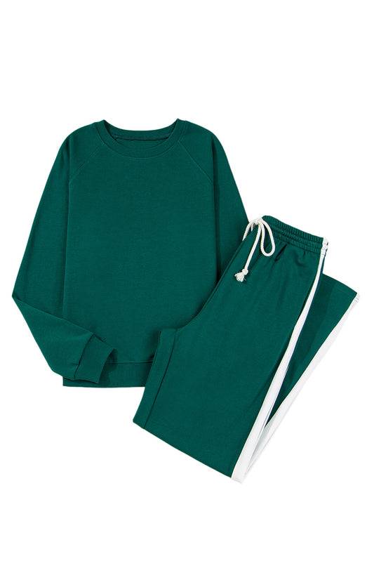 Sea Green Solid Color Pullover Top Varsity Stripe Detail Loose Drawstring Pants Set