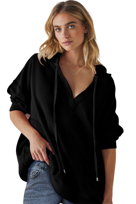 Black Oversize Waffle Drop Shoulder Exposed Seam V Neck Hoodie