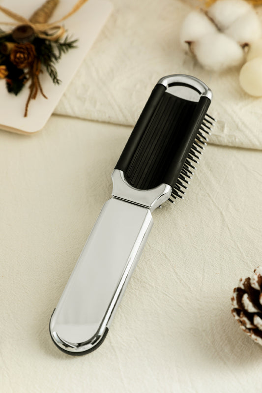 Black Portable Folding Travel Hair Brush with Mini Mirror