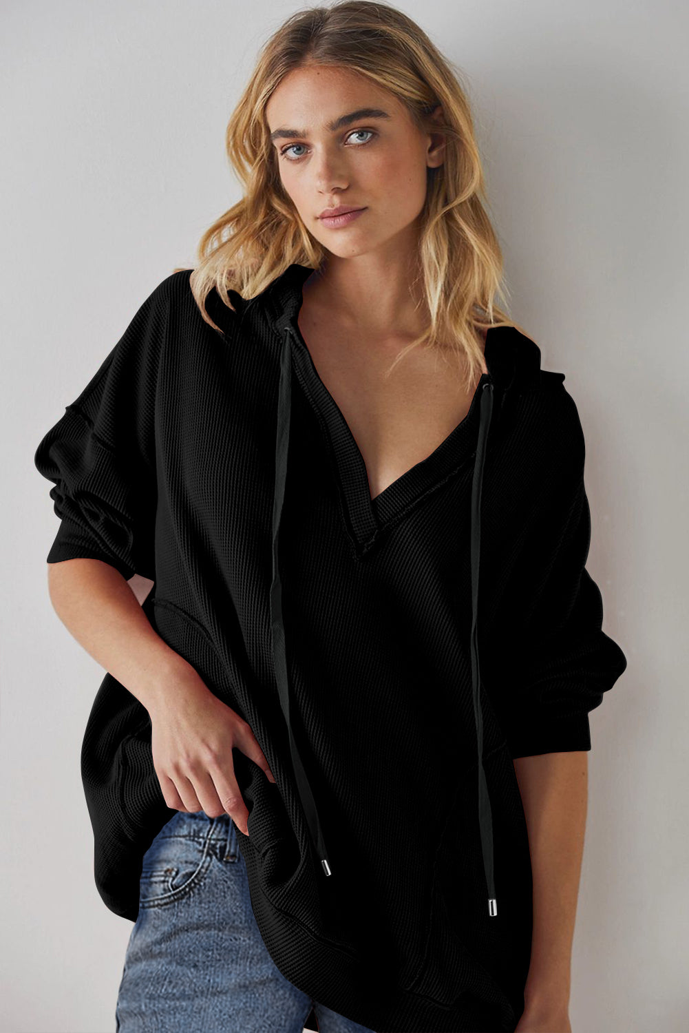 Black Oversize Waffle Drop Shoulder Exposed Seam V Neck Hoodie