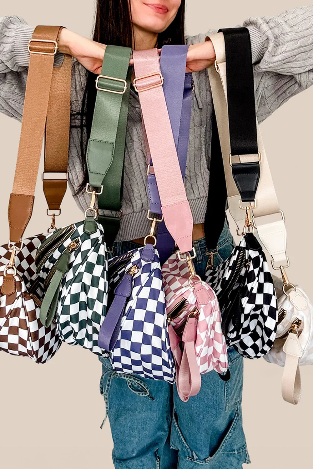 Fiery Red Checkered Print Wide Strap Large Crossbody Bag