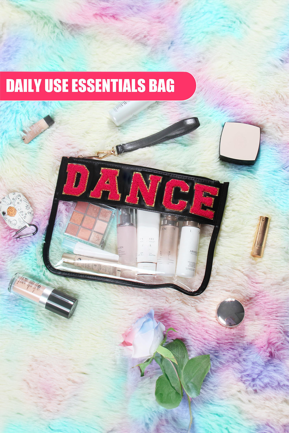 Black Dance Chenille Letter Zipper Varsity Clear Makeup Bag