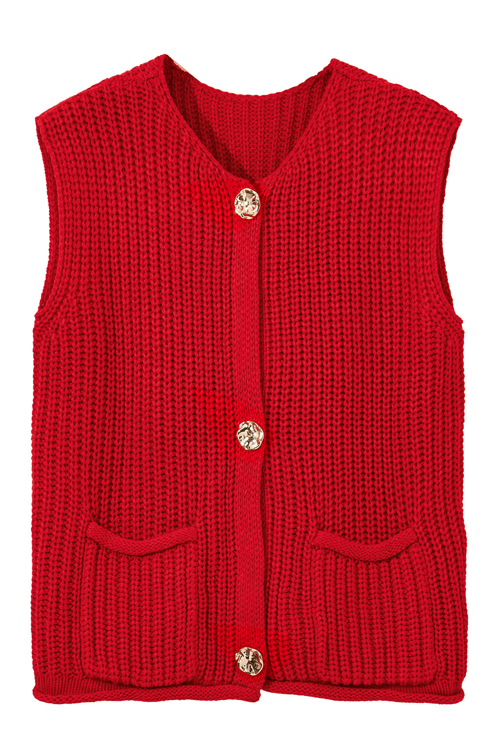 Fiery Red Solid Textured Knit Side Pockets Buttoned Sweater Vest