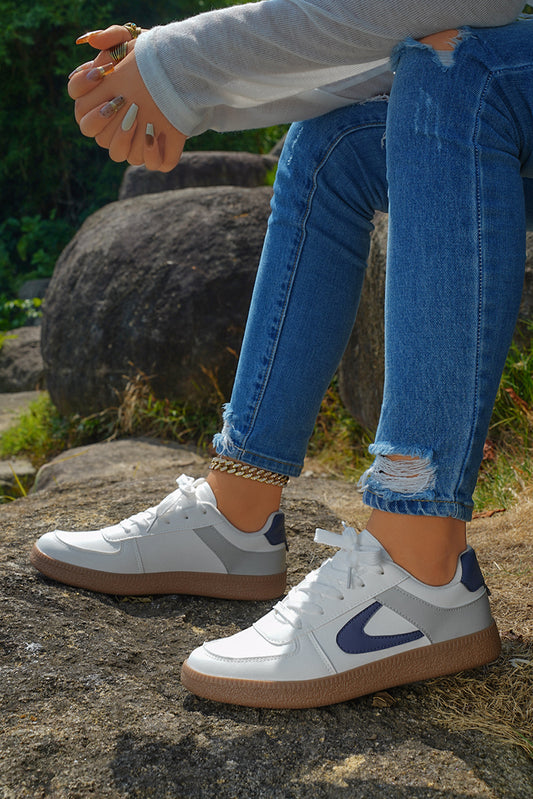 Navy Blue PU Leather Lace Up Sneakers