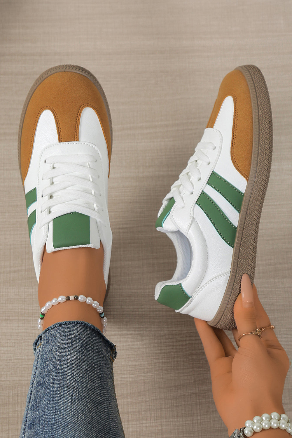 Blackish Green Color Block Lace Up Sneakers