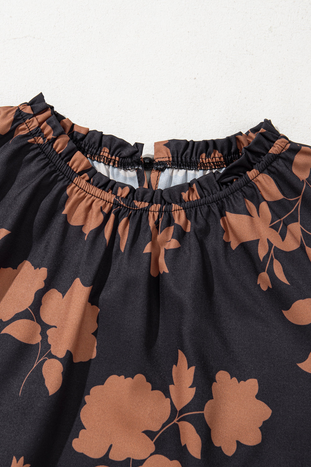 Chestnut Floral Print Frill Neck Bubble Sleeve Blouse