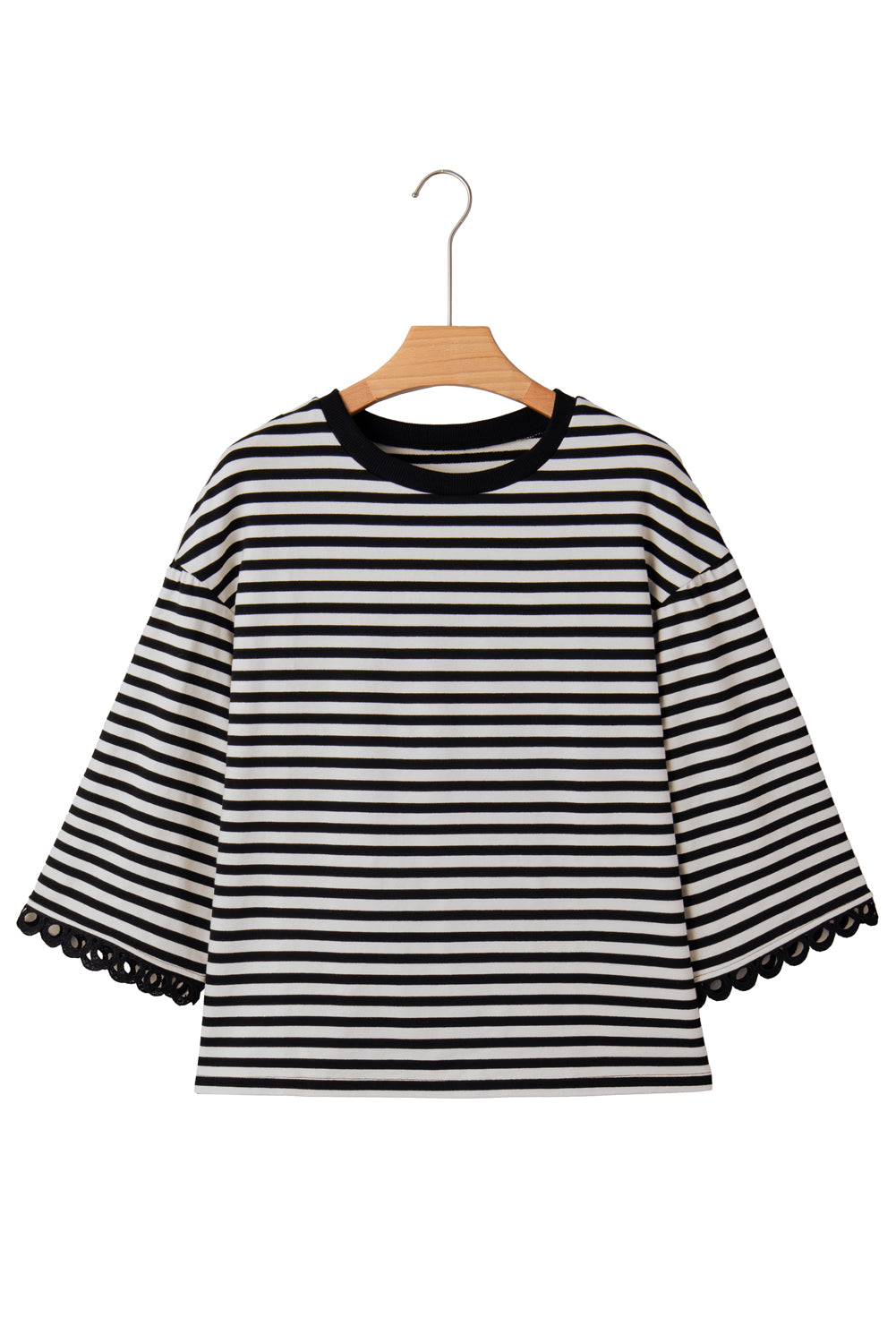 Black Striped Round Neck Contrast Trim Bell Sleeve Top