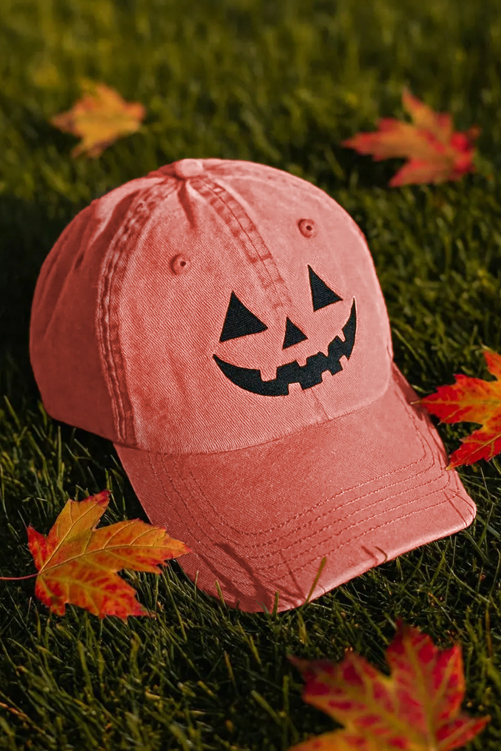 Black Cotton Jack O Lantern Pumpkin Embroidered Baseball Cap