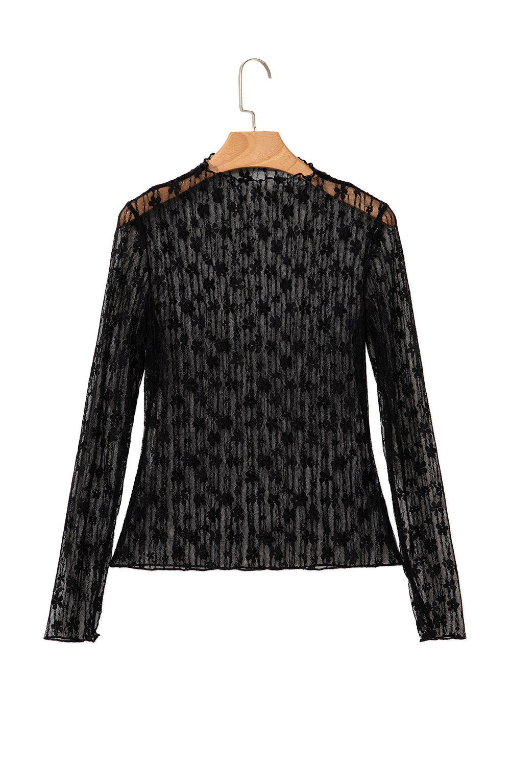 Black Sheer Floral Lace Long Sleeve Slim Fit Top