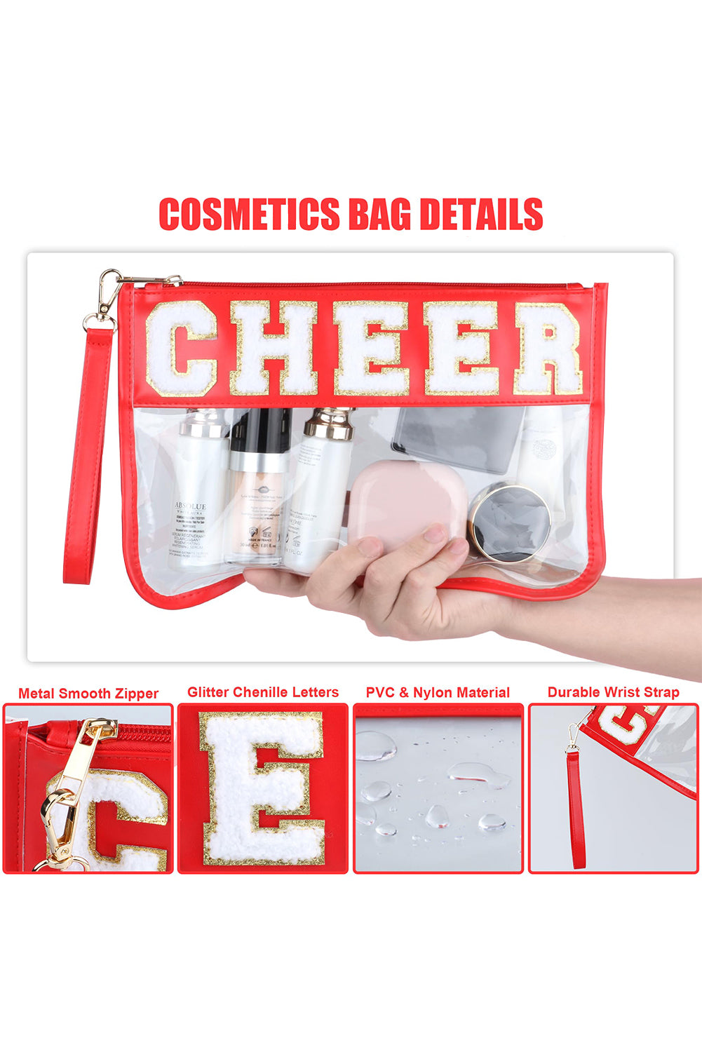 Black Dance Chenille Letter Zipper Varsity Clear Makeup Bag