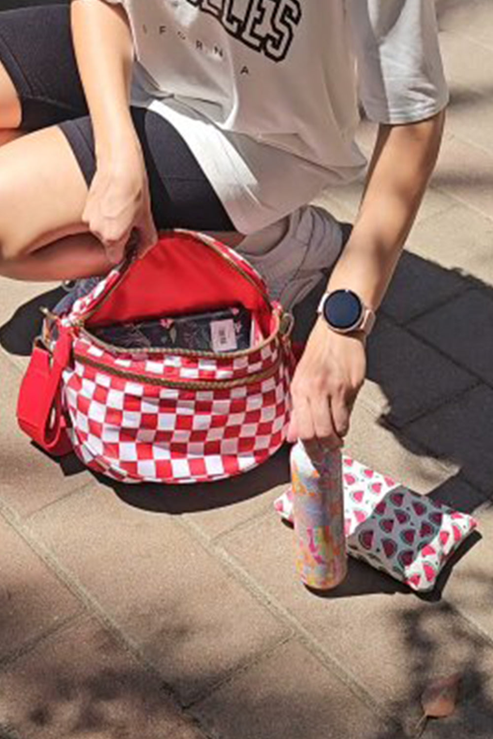 Fiery Red Checkered Print Wide Strap Large Crossbody Bag